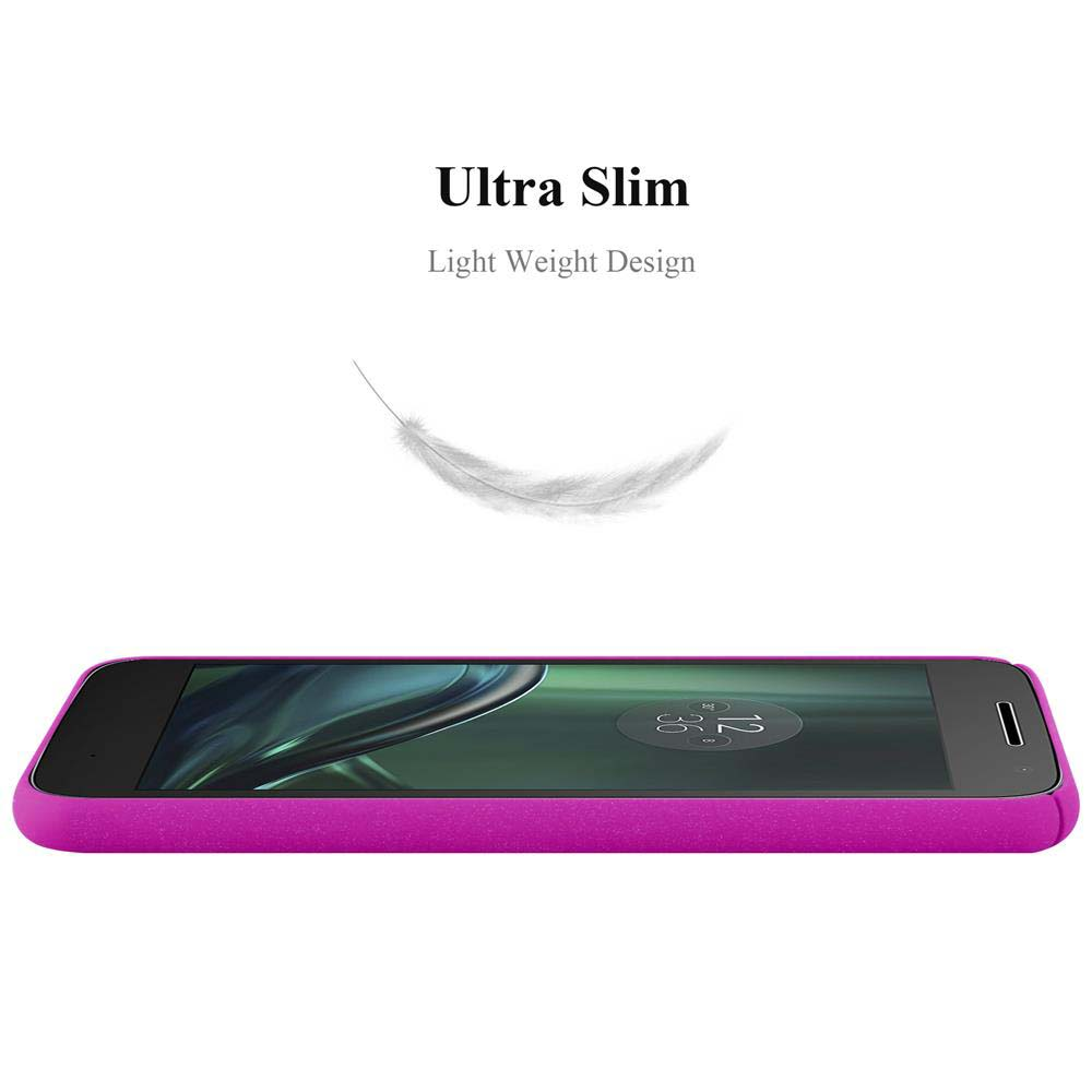 Uno smartphone magenta su sfondo bianco. Il testo sopra dice 'Ultra Slim Light Weight Design'. Una piuma è sopra il telefono.