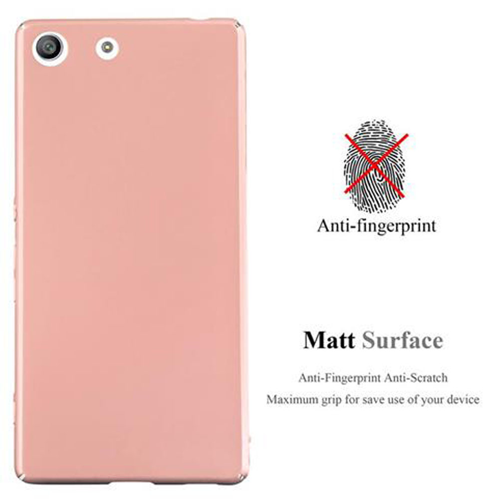Una funda de teléfono con orificios para la cámara, texto anti-huellas dactilares y superficie mate, un icono de huella dactilar con una cruz roja y texto.