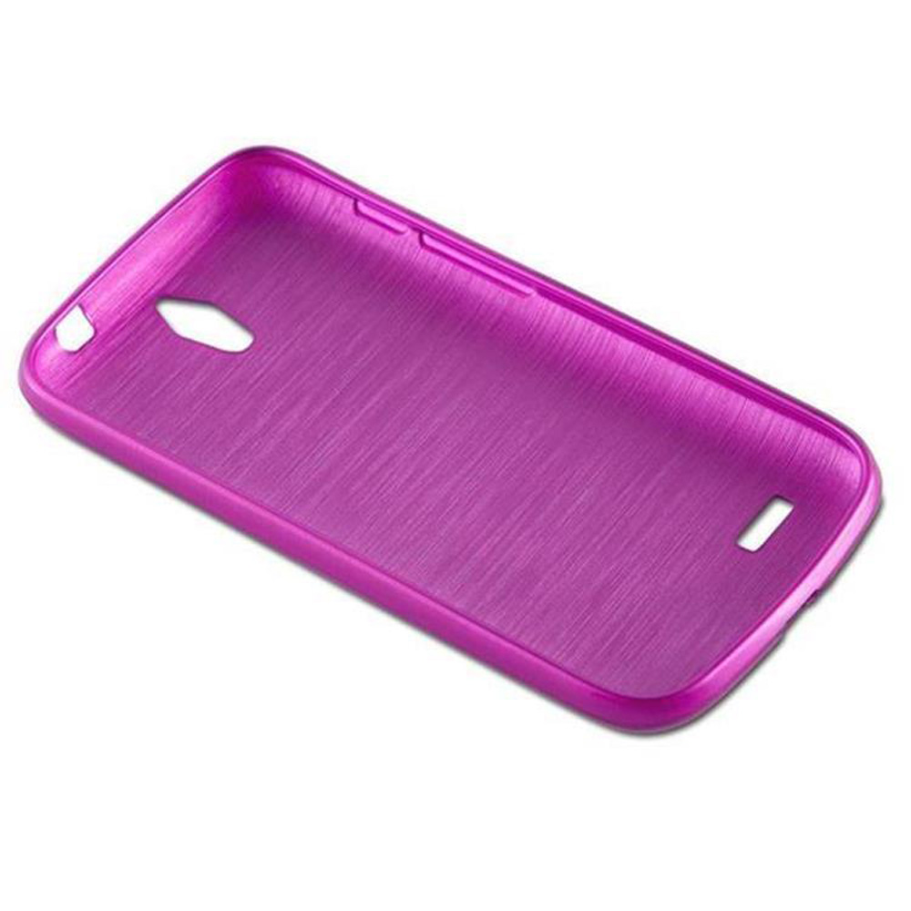Un primo piano di una custodia per telefono viola con una texture in metallo spazzolato. Ha aperture per la fotocamera e i pulsanti.