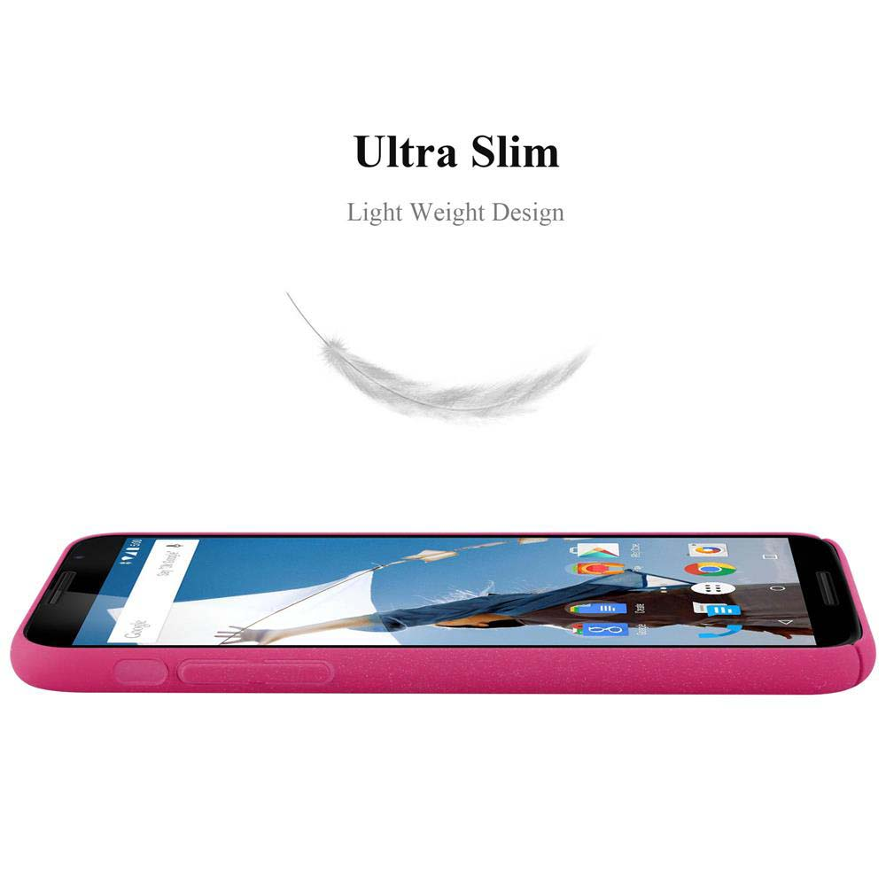 Ein pinkfarbenes Telefon liegt horizontal. Oben steht weißer Text: 'Ultra Slim, Light Weight Design'. Eine Feder schwebt über dem Telefon.