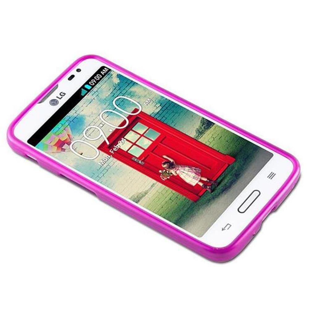 Uno smartphone LG con custodia rosa. Lo schermo mostra l'immagine di una cabina telefonica rossa e l'ora 09:00.