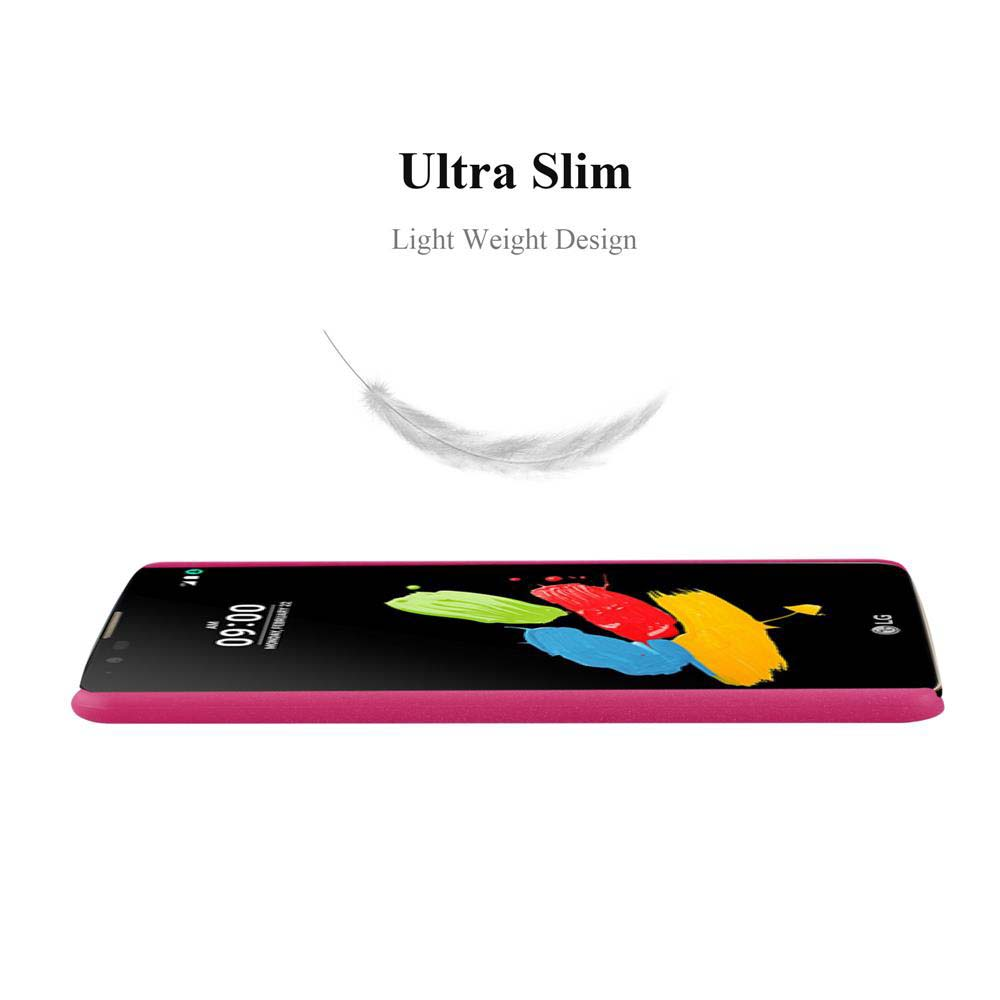 Ein pinkfarbenes Telefon mit schwarzem Bildschirm, der die Uhrzeit anzeigt, mit bunten Pinselstrichen. Weißer Hintergrund mit Text und einer Feder.