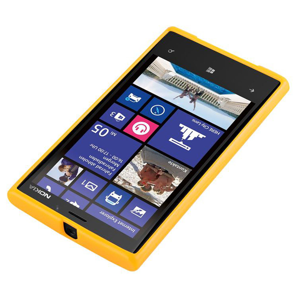 Uno smartphone Nokia giallo mostra un'interfaccia Windows. Lo schermo mostra icone di app, un orologio e un'immagine. La custodia ha un bordo schermo nero.