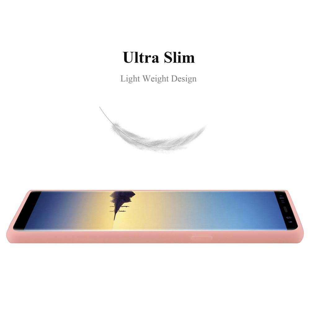 Un telefono rosa poggia su una superficie bianca. Sopra, il testo 'Ultra Slim, Light Weight Design' e una grafica di piuma.