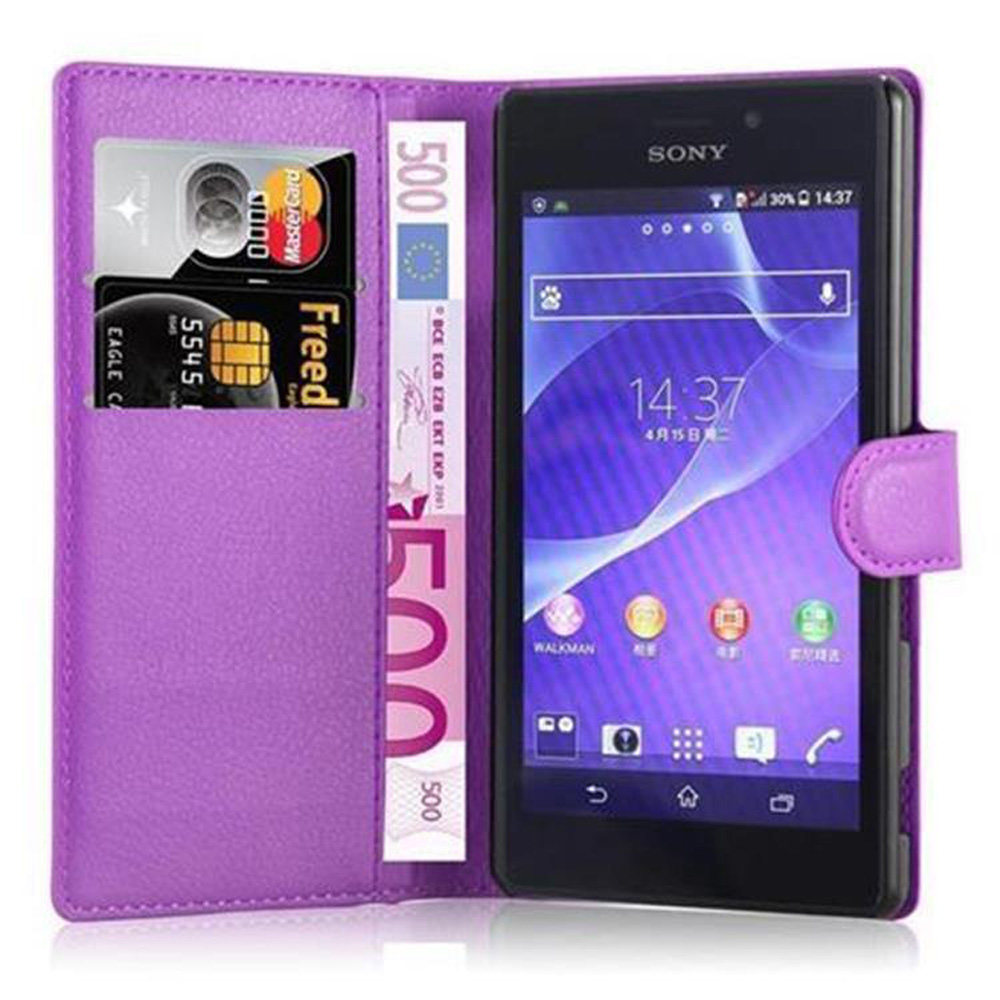 Una funda morada con un teléfono Sony. En el interior, se ven tarjetas de crédito y un billete de 500 euros.
