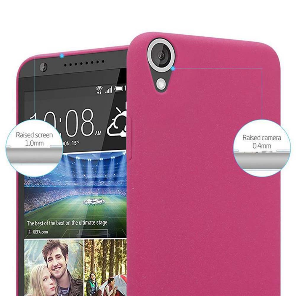 Ein rosa Handycase und ein Handy. Der Bildschirm zeigt Uhrzeit und Werbung. Details heben Bildschirm- und Kamerahöhe hervor.