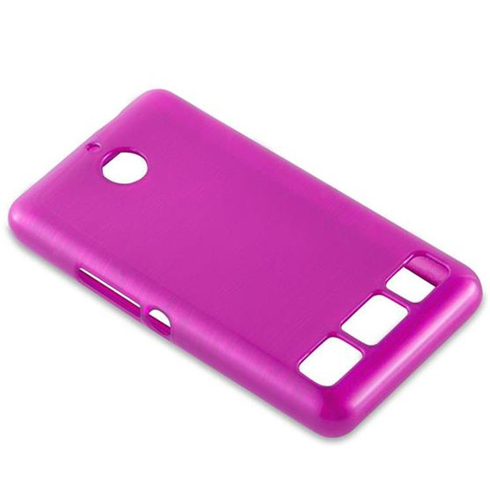 Se muestra una funda de teléfono magenta sobre un fondo blanco. Tiene recortes para la cámara y los botones.