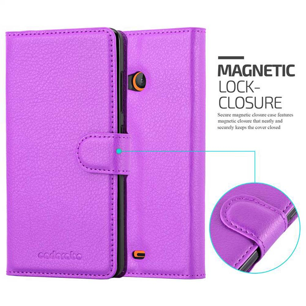 Viene mostrata una custodia per tablet viola con chiusura magnetica. La custodia è aperta e il testo descrive le sue caratteristiche.