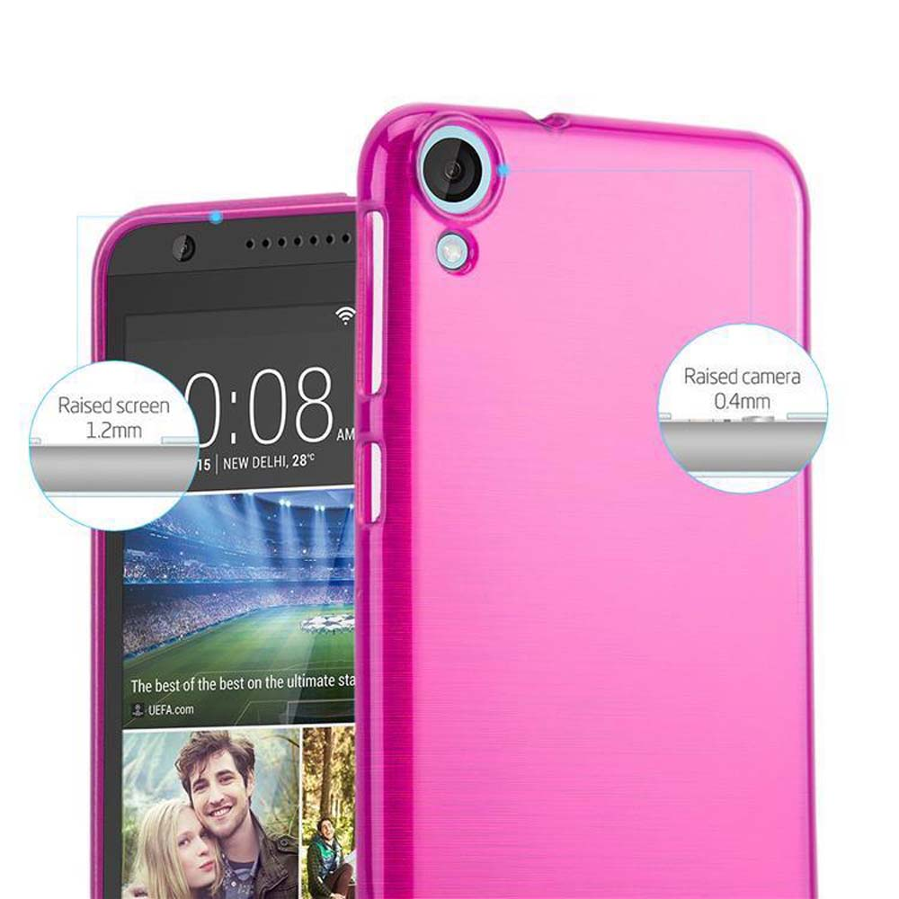 Un telefono rosa con custodia mostra l'ora. Vengono evidenziati i dettagli sullo schermo e sulla fotocamera.