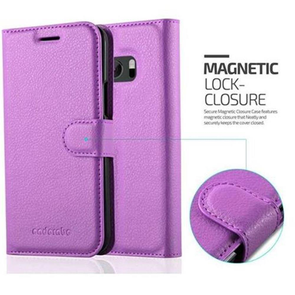 È mostrata una custodia per telefono viola con chiusura magnetica. La custodia è aperta e il testo descrive la chiusura.