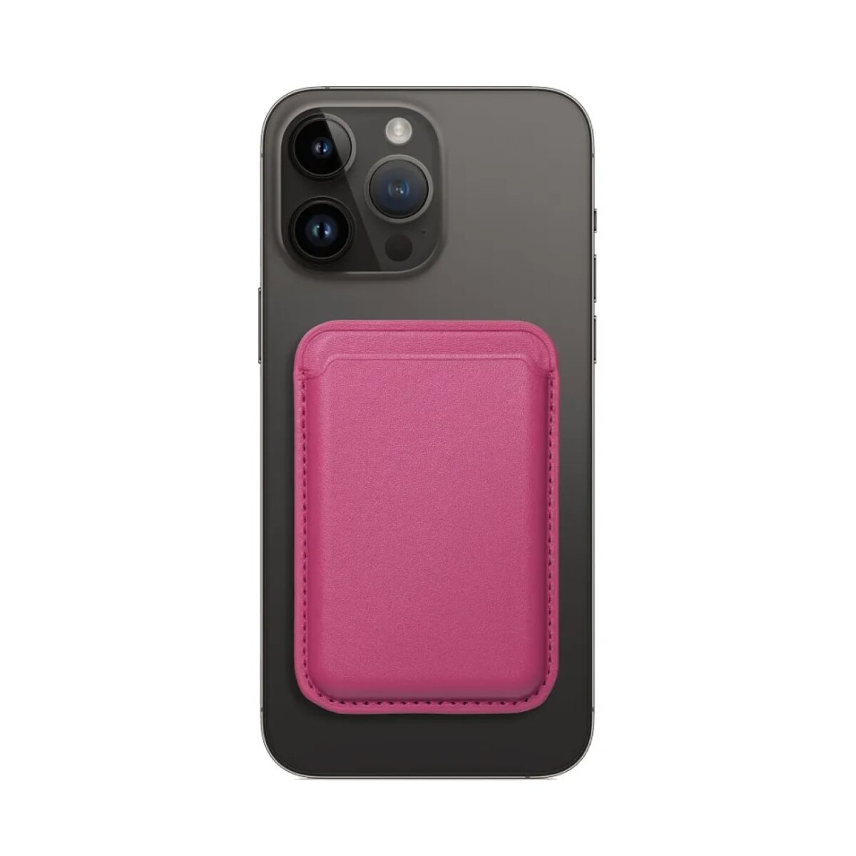 Un iPhone grigio scuro con un porta carte rosa attaccato. Il telefono ha tre obiettivi. Il porta carte è rettangolare.