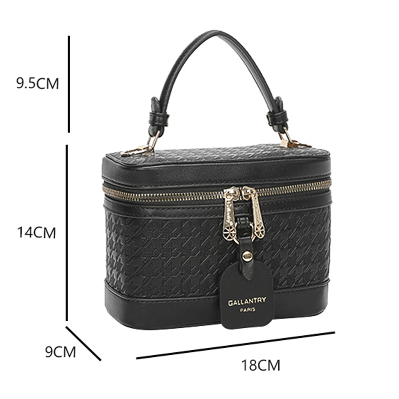 Bolso de mano negro rectangular con asa, cremallera y cierre dorados, etiqueta Gallantry Paris. Se proporcionan medidas.