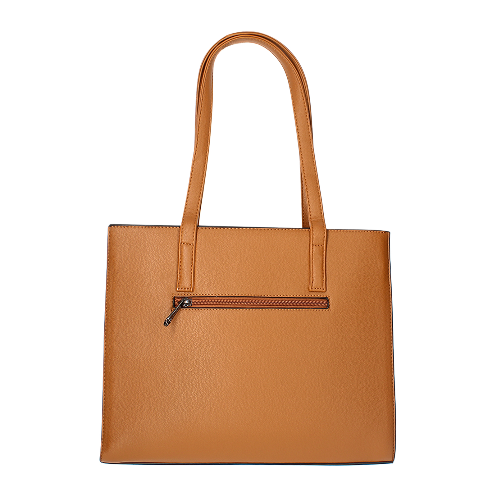 Un bolso tote de color marrón claro con dos asas. Tiene una cremallera en la parte trasera. Sobre un fondo blanco.