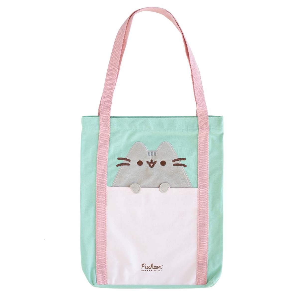 Una borsa tote verde menta con manici rosa. Ha una tasca bianca con un disegno di faccia di gatto grigio. Il marchio 'Pusheen' è visibile.