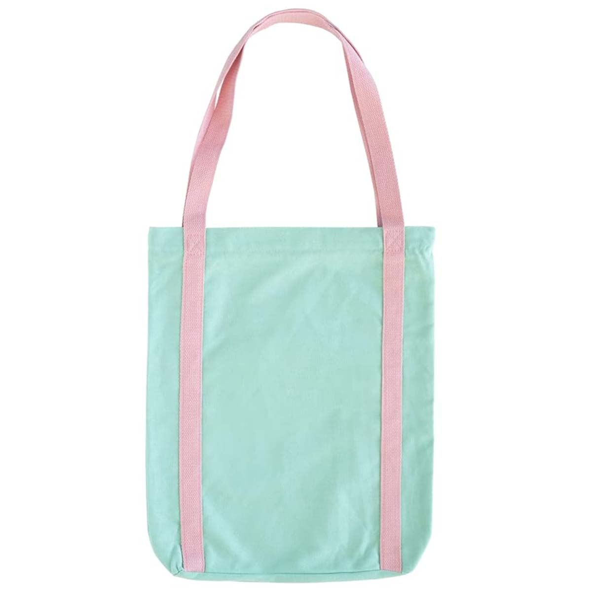 Una borsa tote verde menta con cinturini rosa. La borsa è rettangolare. I cinturini sono verticali sui lati e arcuati in alto.