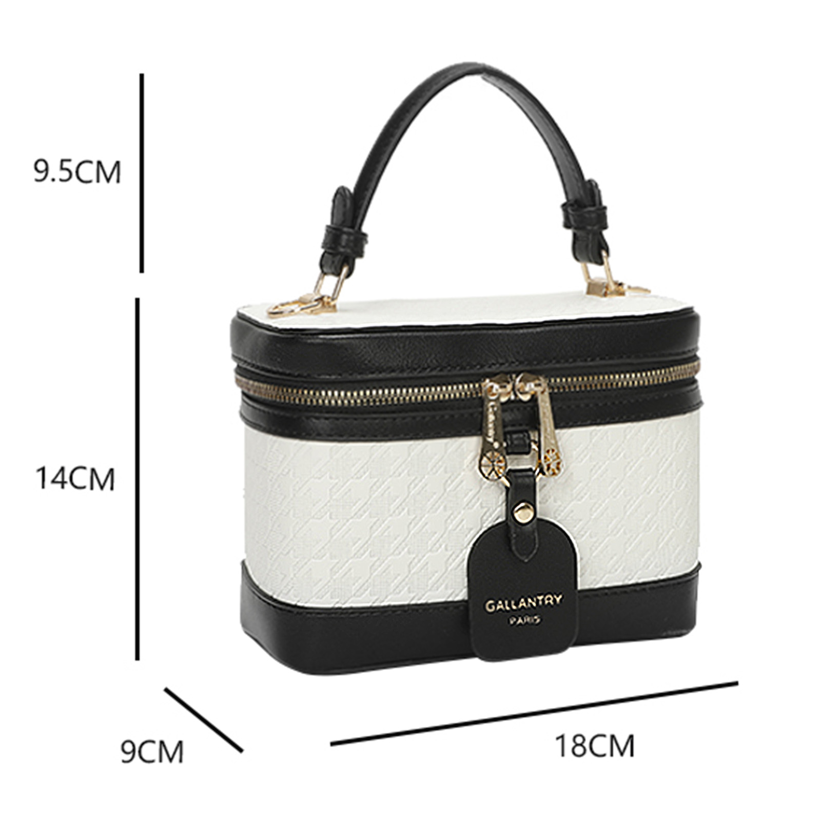 Un bolso blanco y negro con detalles dorados. Tiene un asa y una etiqueta que dice 'GALLANTRY PARIS'.