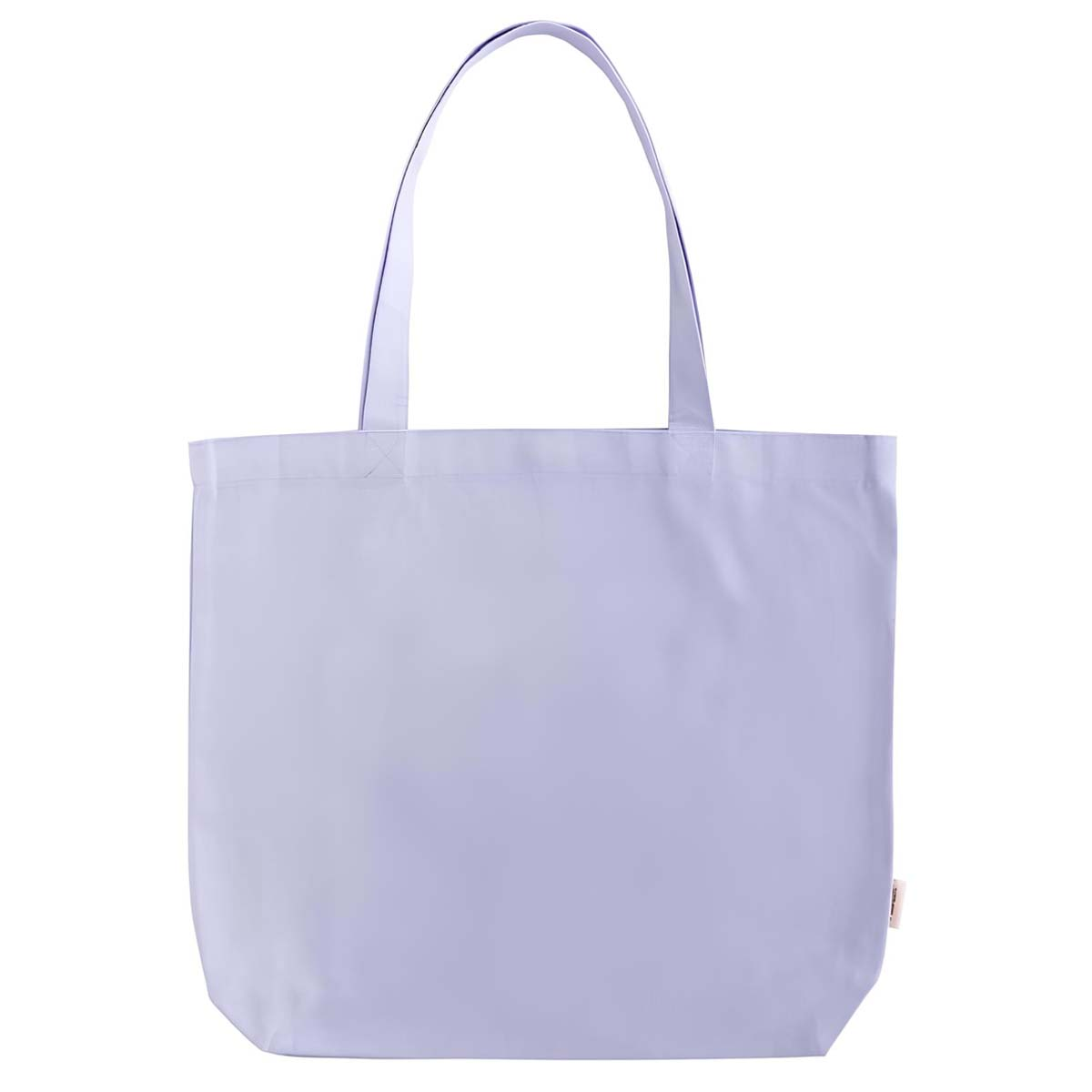 Una borsa tote viola chiaro con due manici è mostrata su sfondo bianco. La borsa è semplice e liscia.