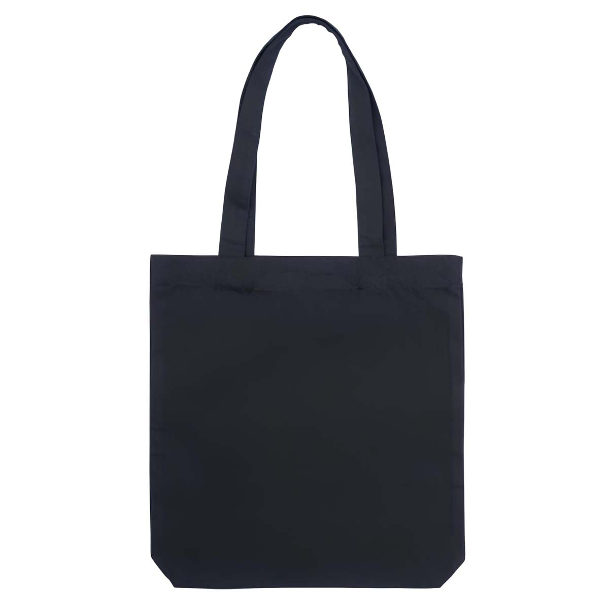 Una borsa tote blu scuro con due manici. La borsa è liscia e rettangolare, e i manici si incurvano verso l'alto.