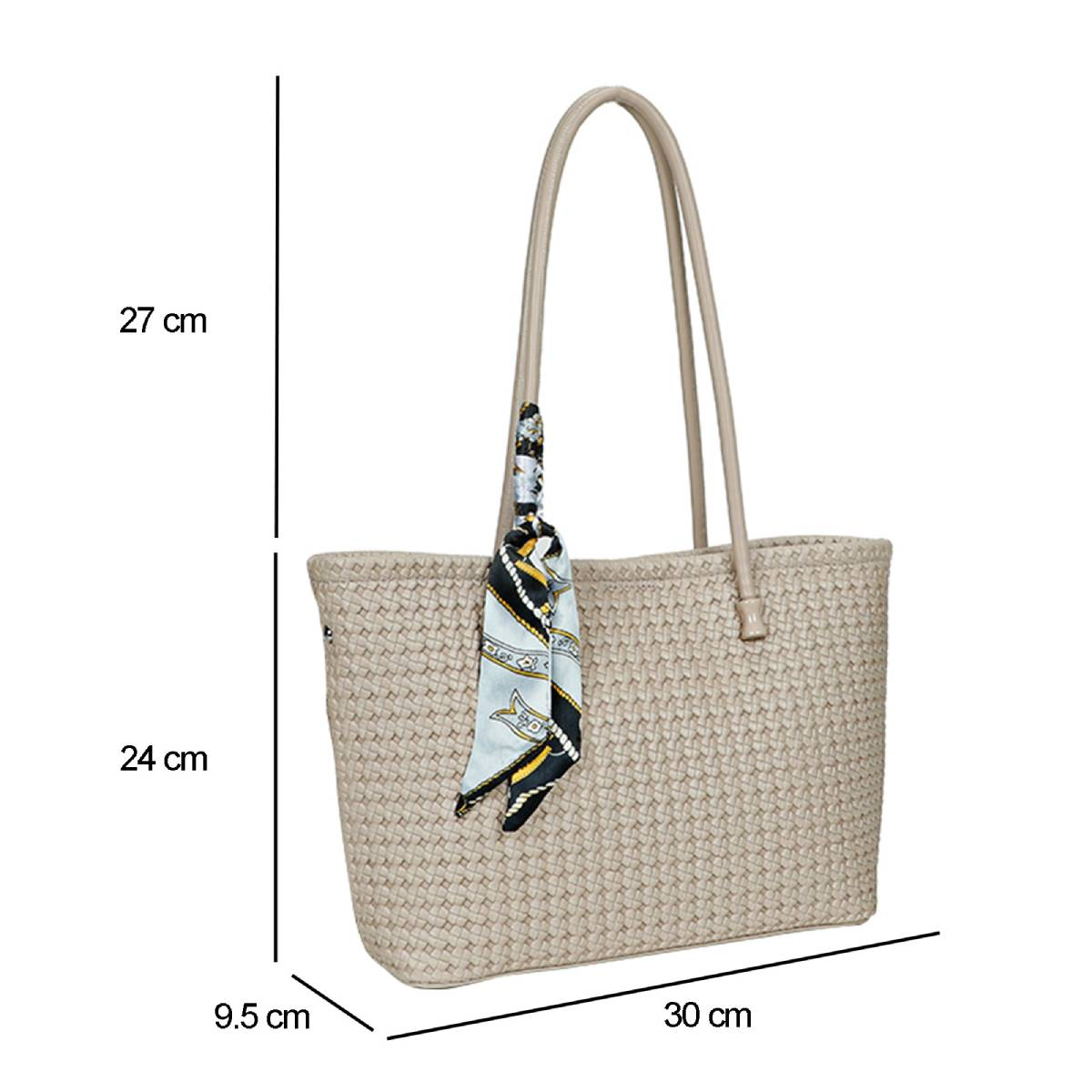 Beige gewebte Tragetasche mit zwei Henkeln und einem gemusterten Schal. Maße: 30x24x9,5 cm. Henkelhöhe: 27 cm.