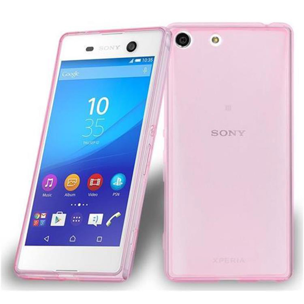 Telefono Sony Xperia rosa con custodia rosa, vista anteriore e posteriore. Lo schermo mostra 10:35. Icone per musica, album, video e PSN visibili.