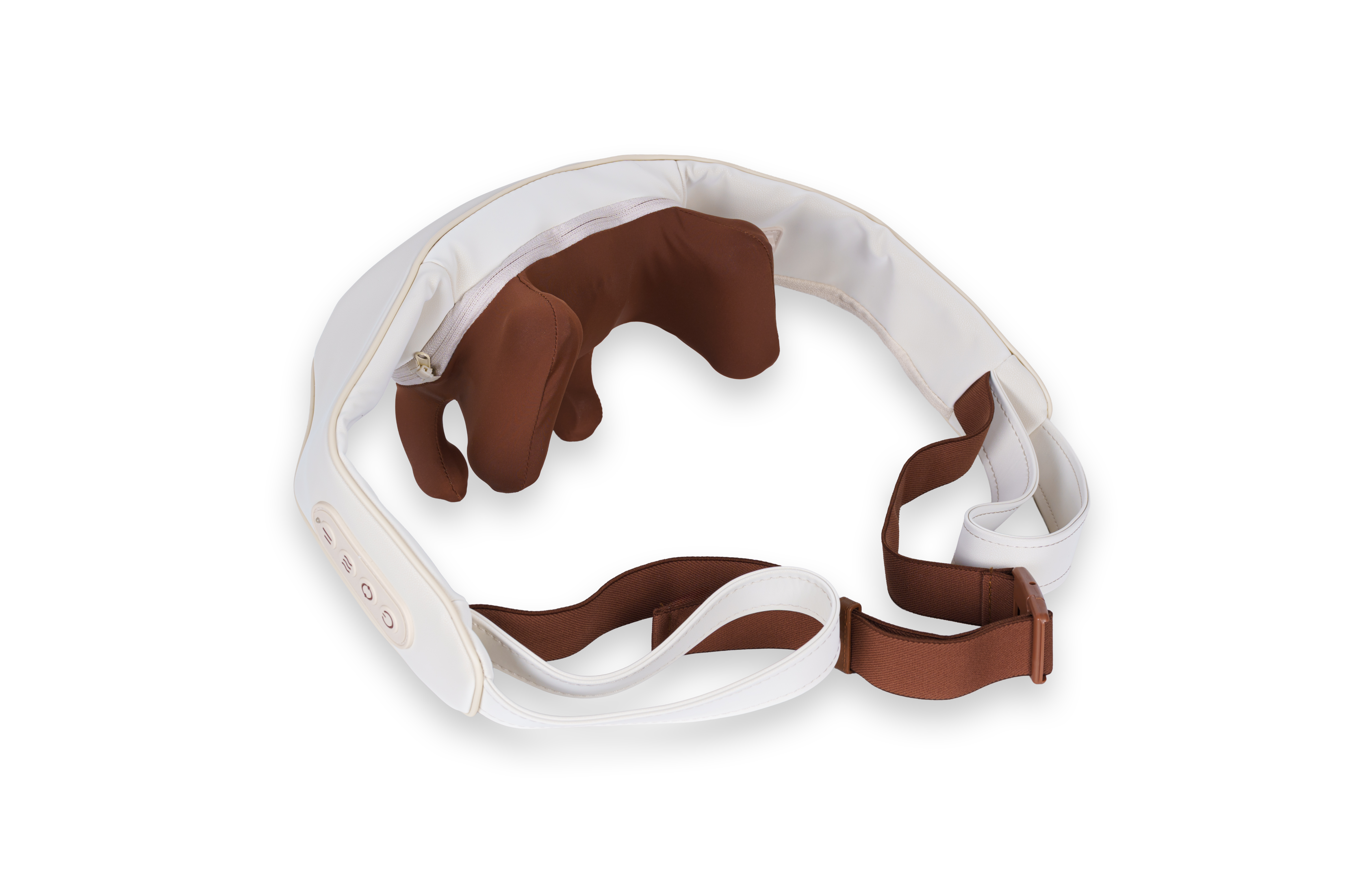 Białe i brązowe urządzenie do masażu leży na białej powierzchni. Ma pasek na szyję i brązowe poduszki do masażu.