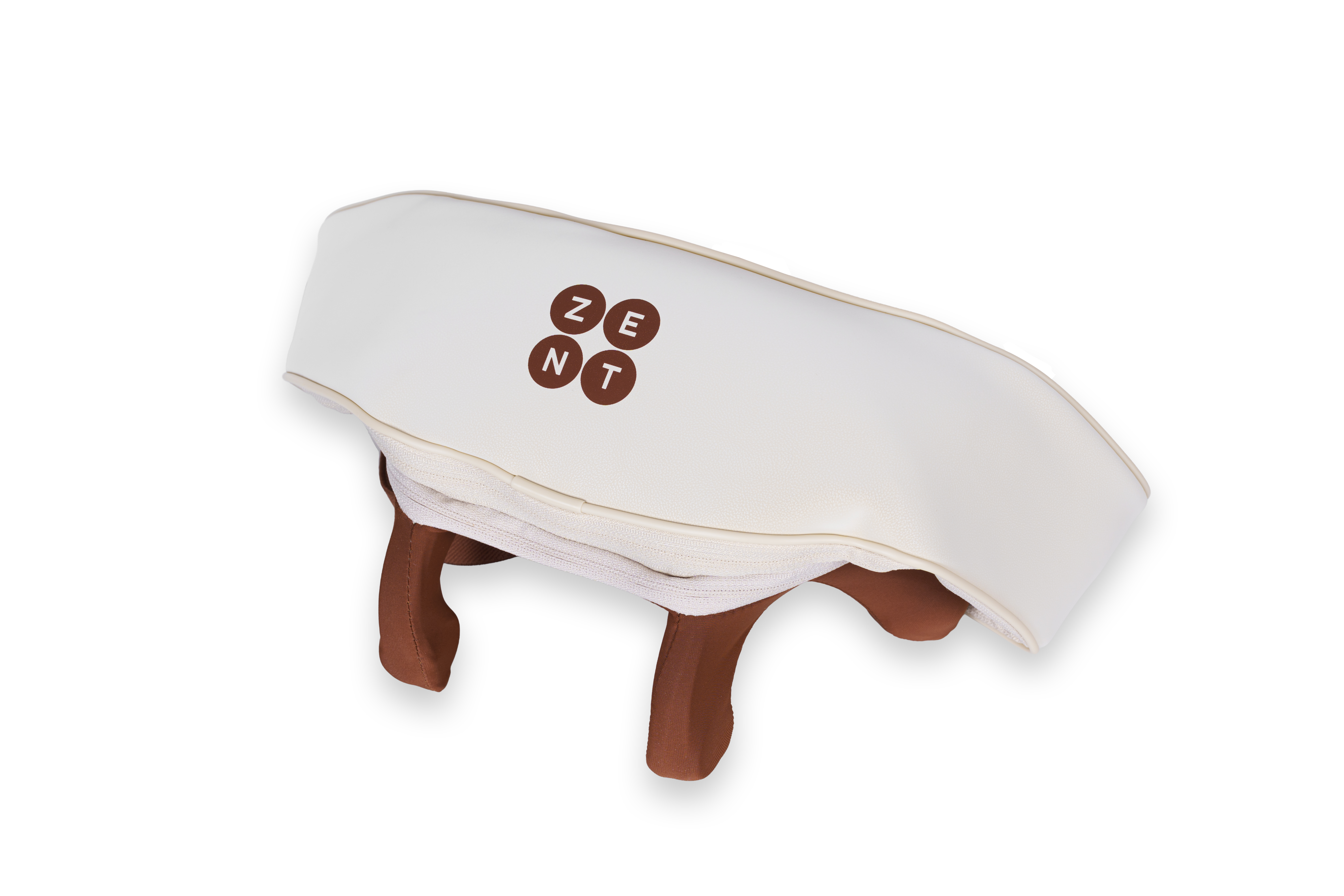 Biały masażer do głowy z brązowymi nogami i zamkiem błyskawicznym. Widnieje na nim napis ZENT.