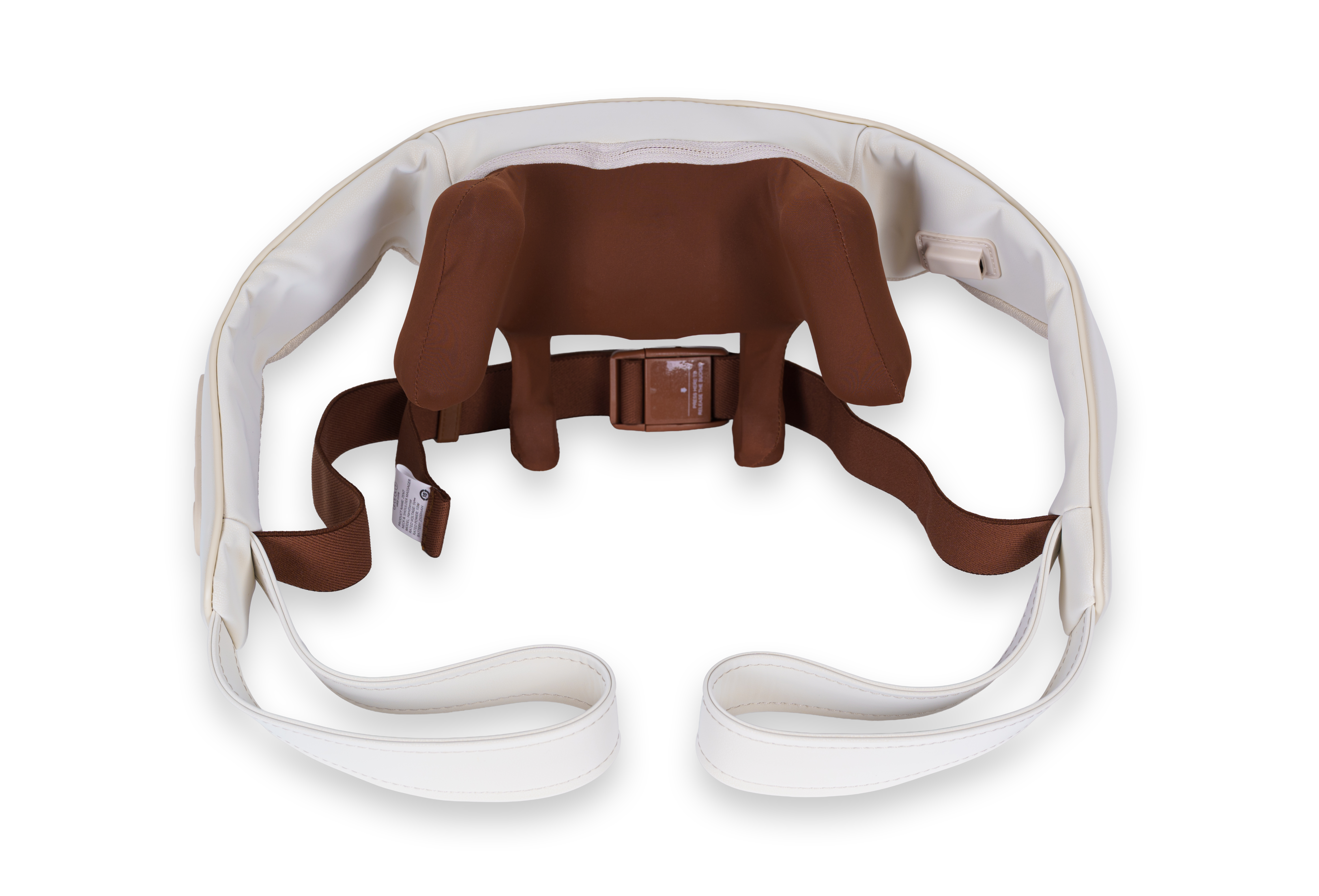 Masażer szyi i ramion, biało-brązowy. Posiada paski i brązowy element środkowy z klamrą.