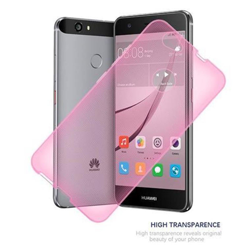 Due smartphone, uno grigio, uno nero, con una cover rosa trasparente. Il telefono mostra icone e l'ora. Logo Huawei visibile.
