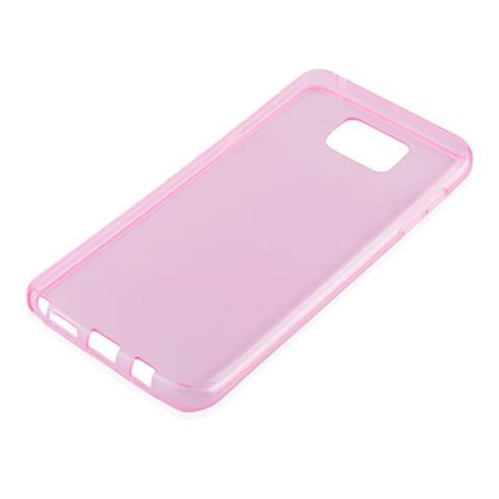Una custodia rosa trasparente per telefono su sfondo bianco. Ha aperture per la fotocamera e i pulsanti.