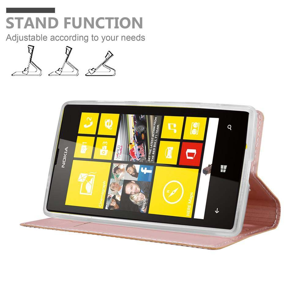 Se muestra un teléfono Nokia en una funda rosa. La pantalla muestra iconos de aplicaciones. El texto superior dice 'Stand Function'.