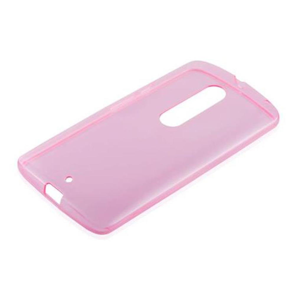 Una custodia per telefono rosa trasparente su sfondo bianco. Ha un foro per la fotocamera e fori per i pulsanti del volume.