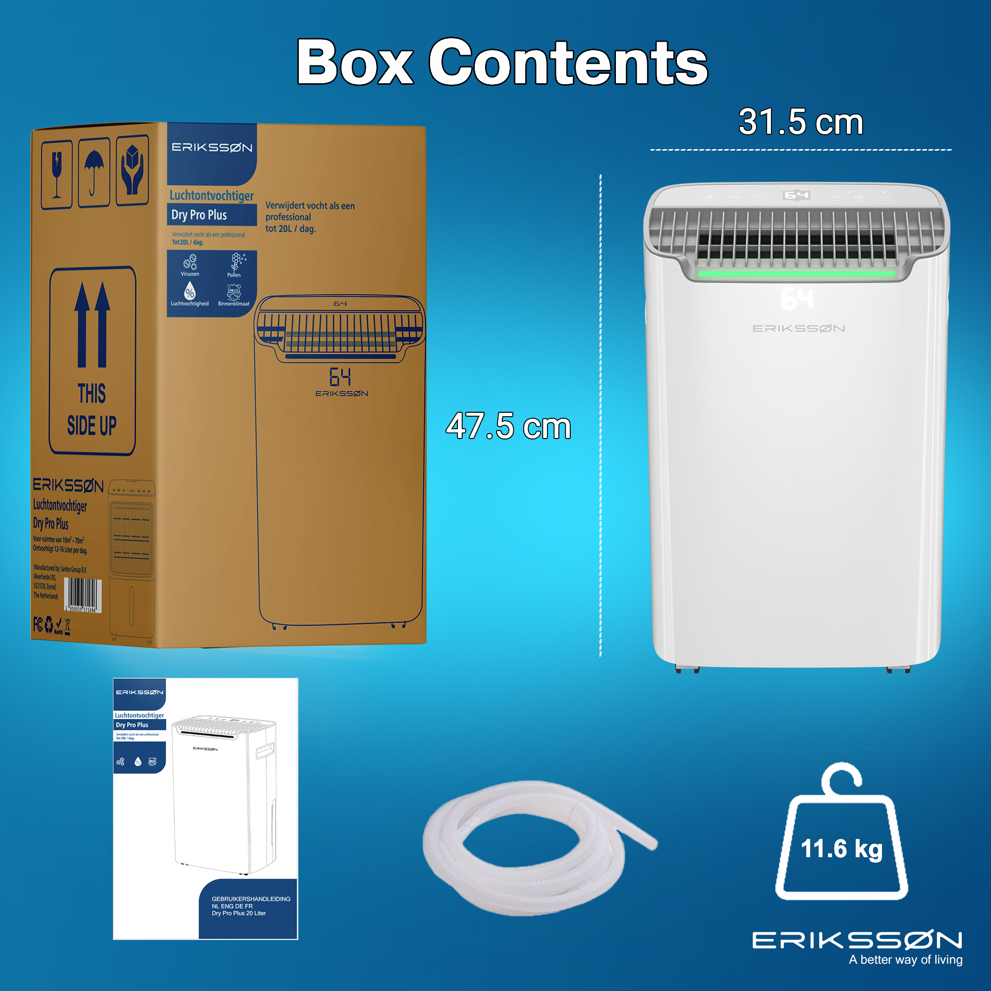 Das Bild zeigt einen Luftentfeuchter mit seiner Verpackung, Abmessungen und Spezifikationen, einschließlich Gewicht und Markendetails.