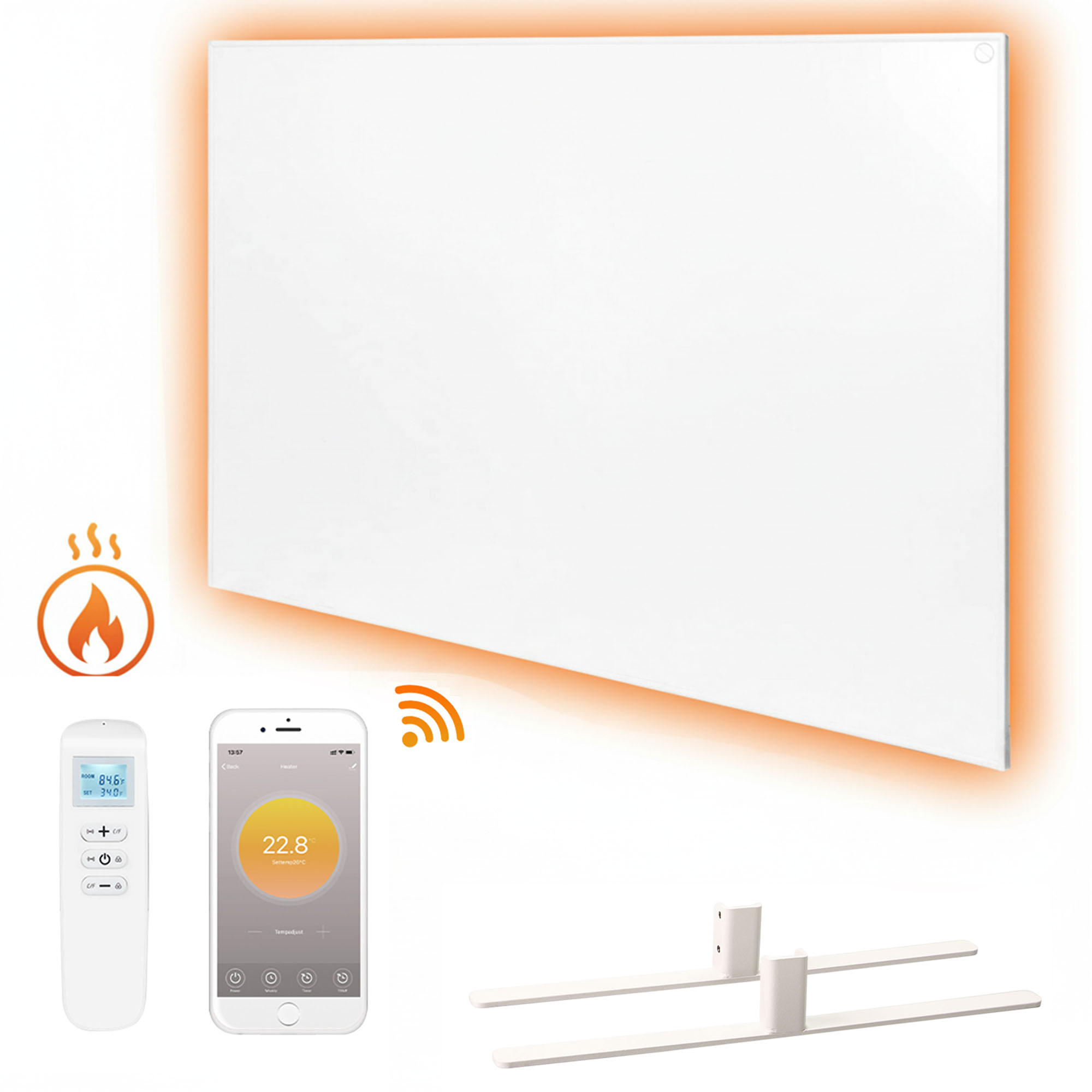 Weißer Elektroheizer mit Fernbedienung, Telefon-App und Montagehalterungen. Oranges Leuchten an den Rändern. Symbole für Feuer und WLAN.