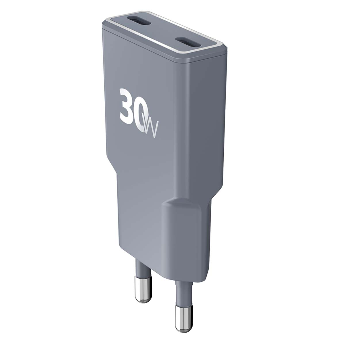 Un caricabatterie grigio da 30 W con due pin e due porte di ricarica. Il caricabatterie è su sfondo bianco.