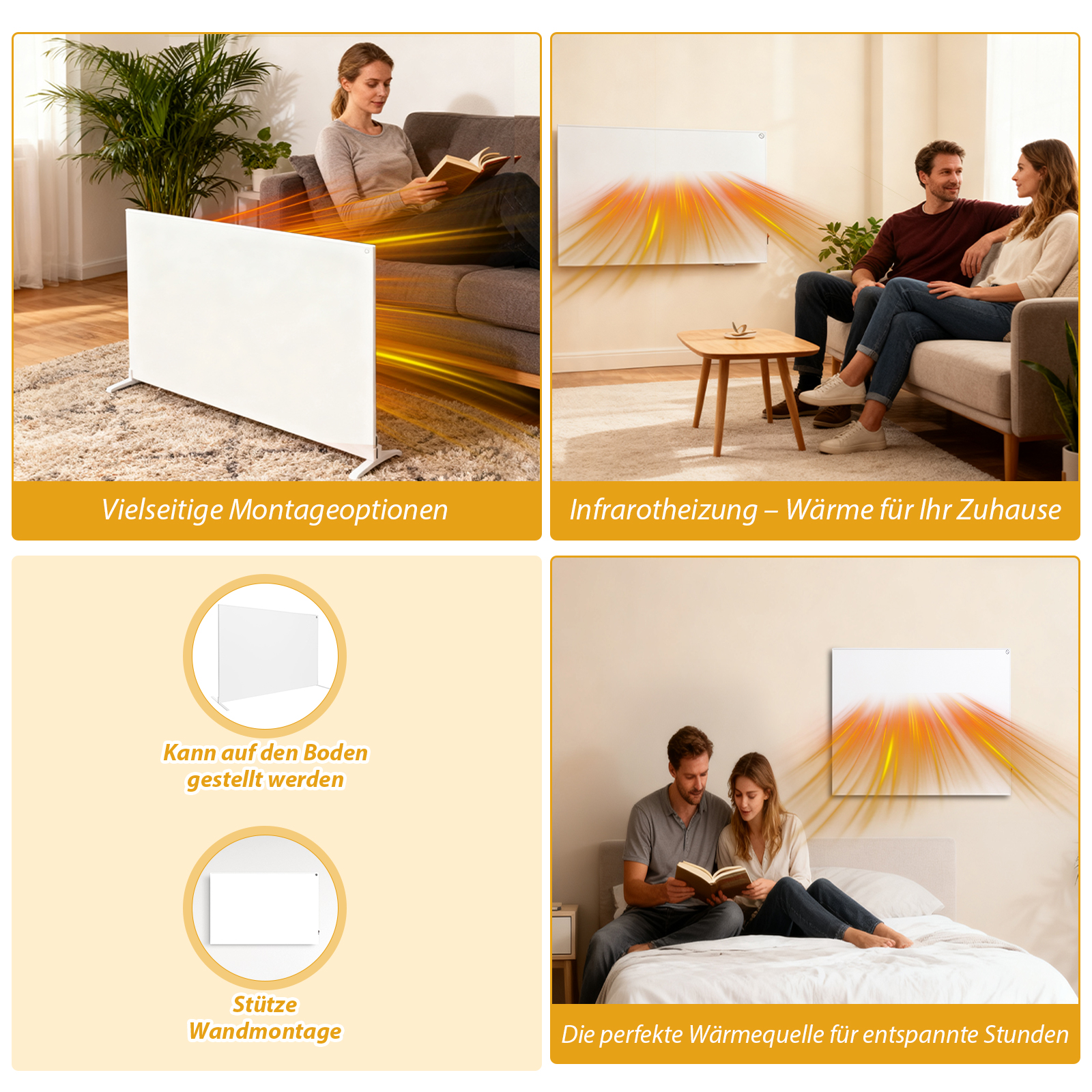 Das Bild zeigt eine weiße Heizplatte in vier verschiedenen Umgebungen: in einem Wohnzimmer, Schlafzimmer und zwei Montageoptionen.