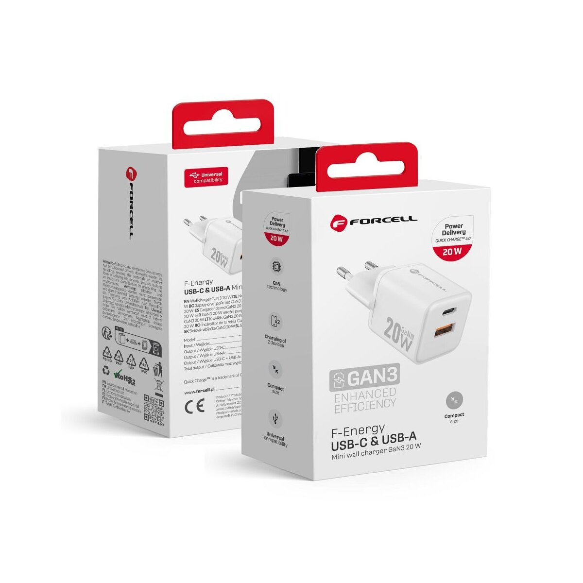 Due scatole Forcell bianche e rosse con un caricatore USB-C da 20W. Il testo include 'GAN3', 'F-Energy' e 'Power Delivery'.