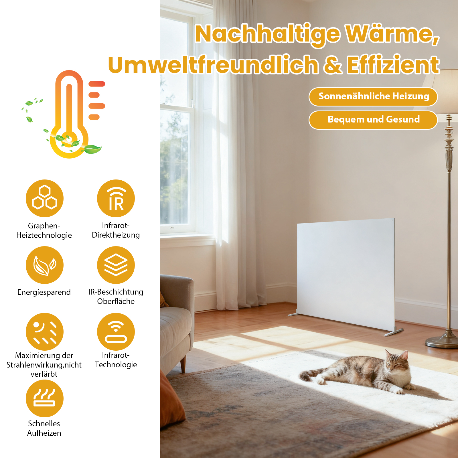 Ein Raum mit einem weißen Heizkörper, eine Katze auf einem Teppich und Text über Heiztechnik.