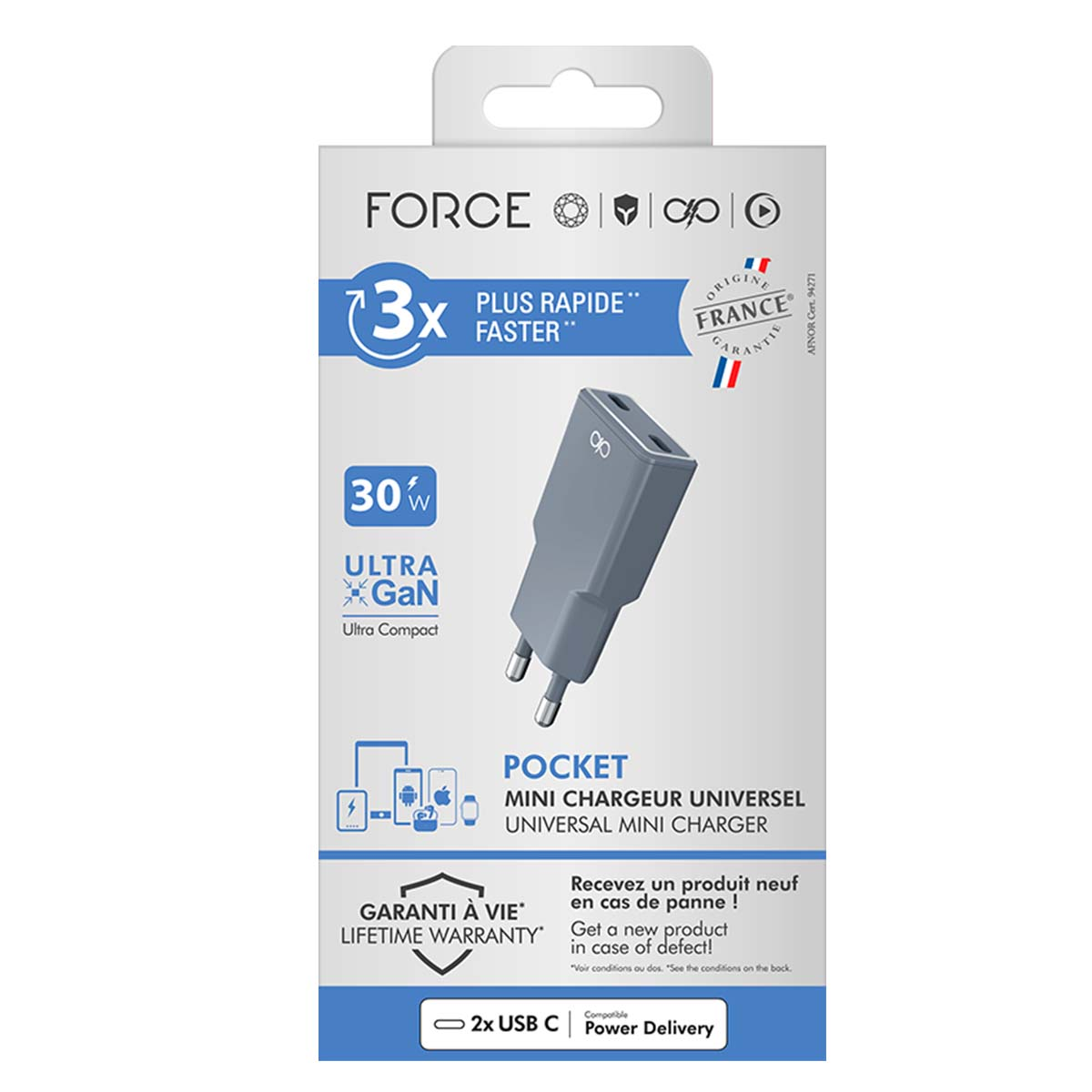 Una confezione di prodotto mostra un mini caricatore grigio. Il testo dice 'Pocket Mini Charger Universal', 'Ultra GaN' e 'Lifetime Warranty'.