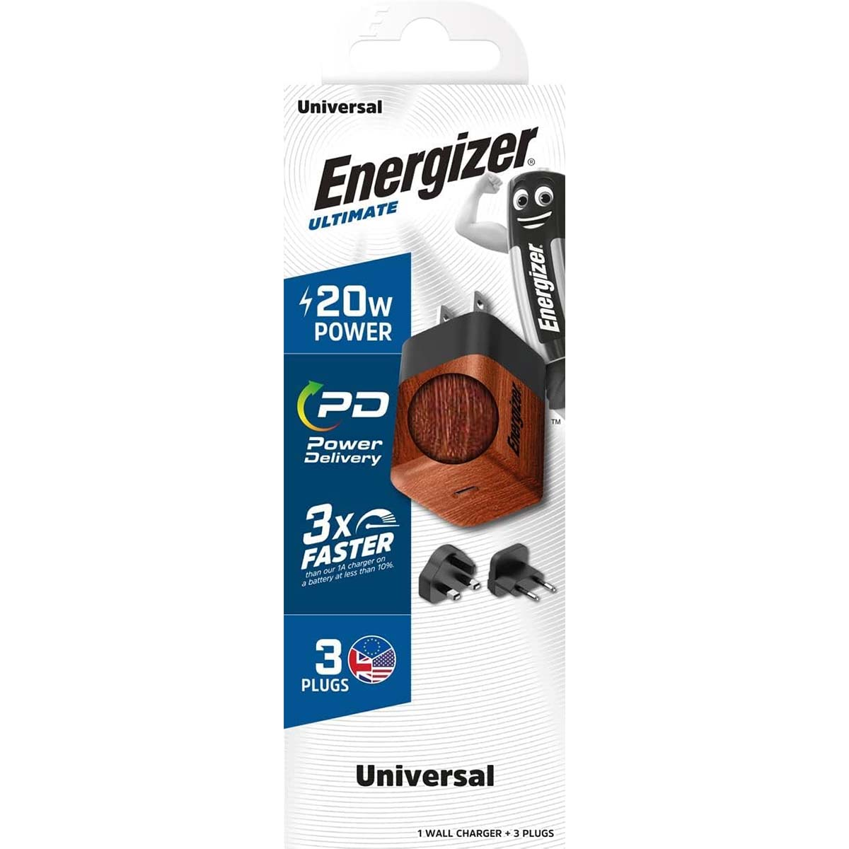 Scatola caricabatterie Energizer Ultimate. Caratteristiche: 420w di potenza, PD, ricarica 3 volte più veloce e 3 spine. Caricabatterie nero con finitura legno.