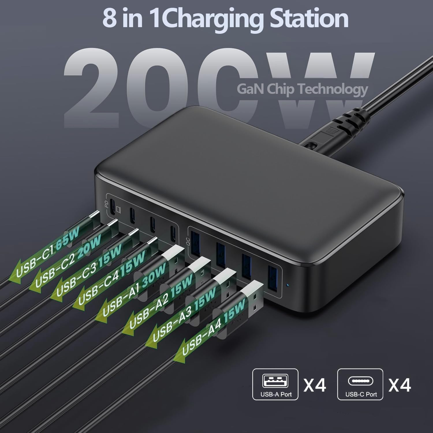 Schwarze Ladestation mit mehreren USB-Anschlüssen und angeschlossenen Kabeln. Text hebt die Leistung und die Ladefunktionen hervor.