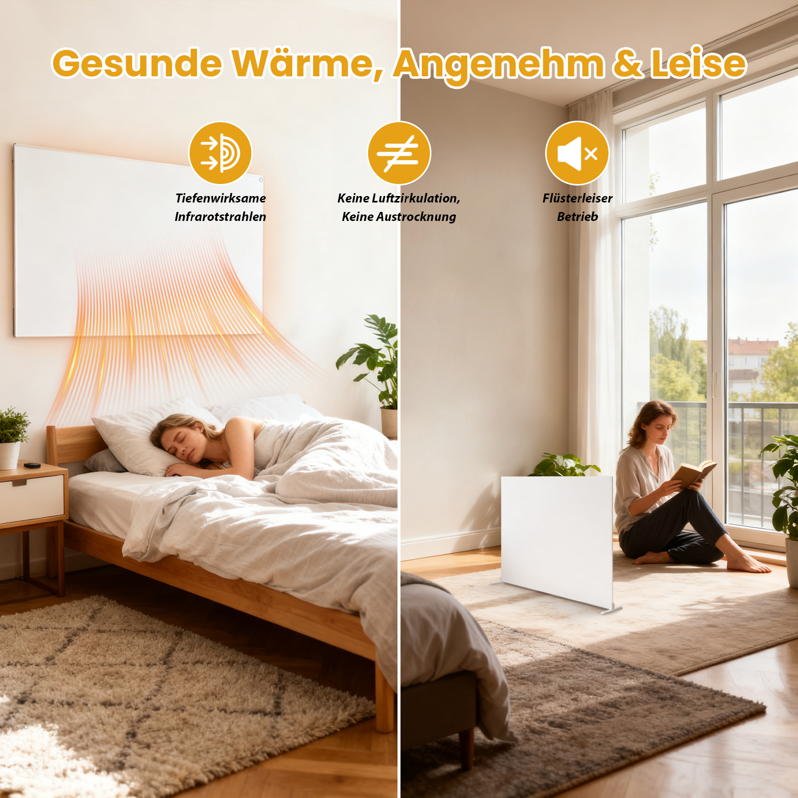 Das Bild zeigt eine geteilte Szene. Links schläft eine Frau im Bett. Rechts liest eine andere Person in der Nähe einer Heizung.