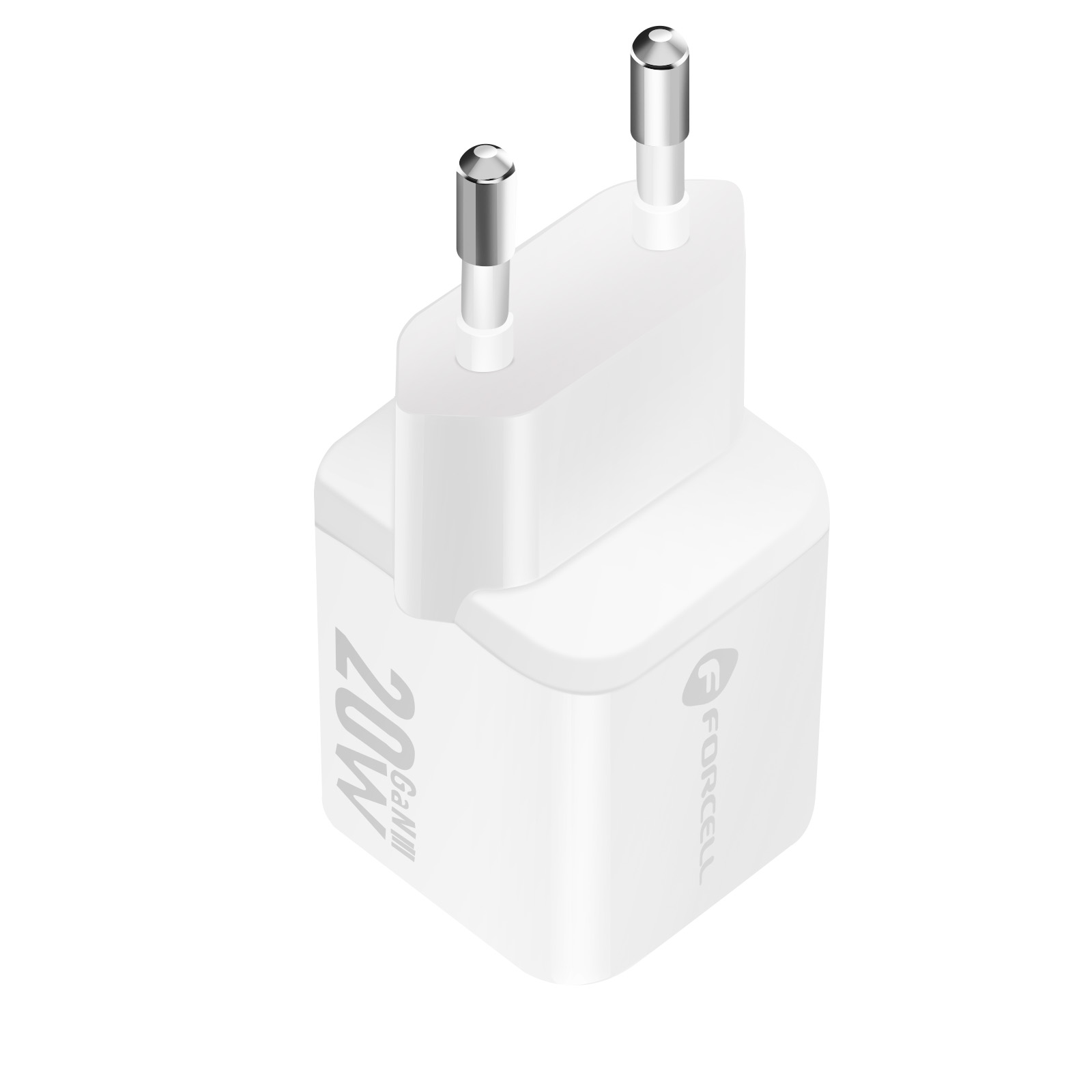 Un caricabatterie bianco con due pin argentati, contrassegnato '20W' e 'Forcell'.