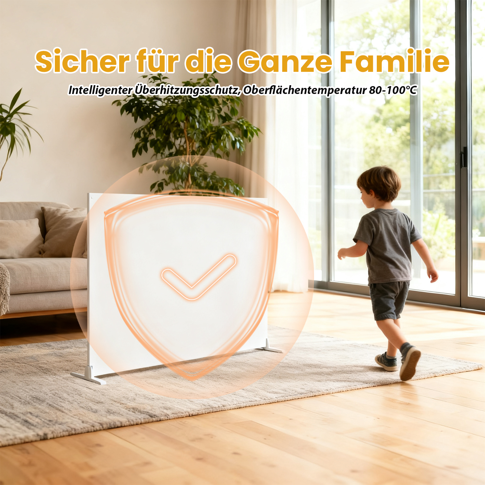 Ein Kind geht an einem Heizgerät mit Schildsymbol vorbei. Das Heizgerät hat den Text: Sicher für die ganze Familie.