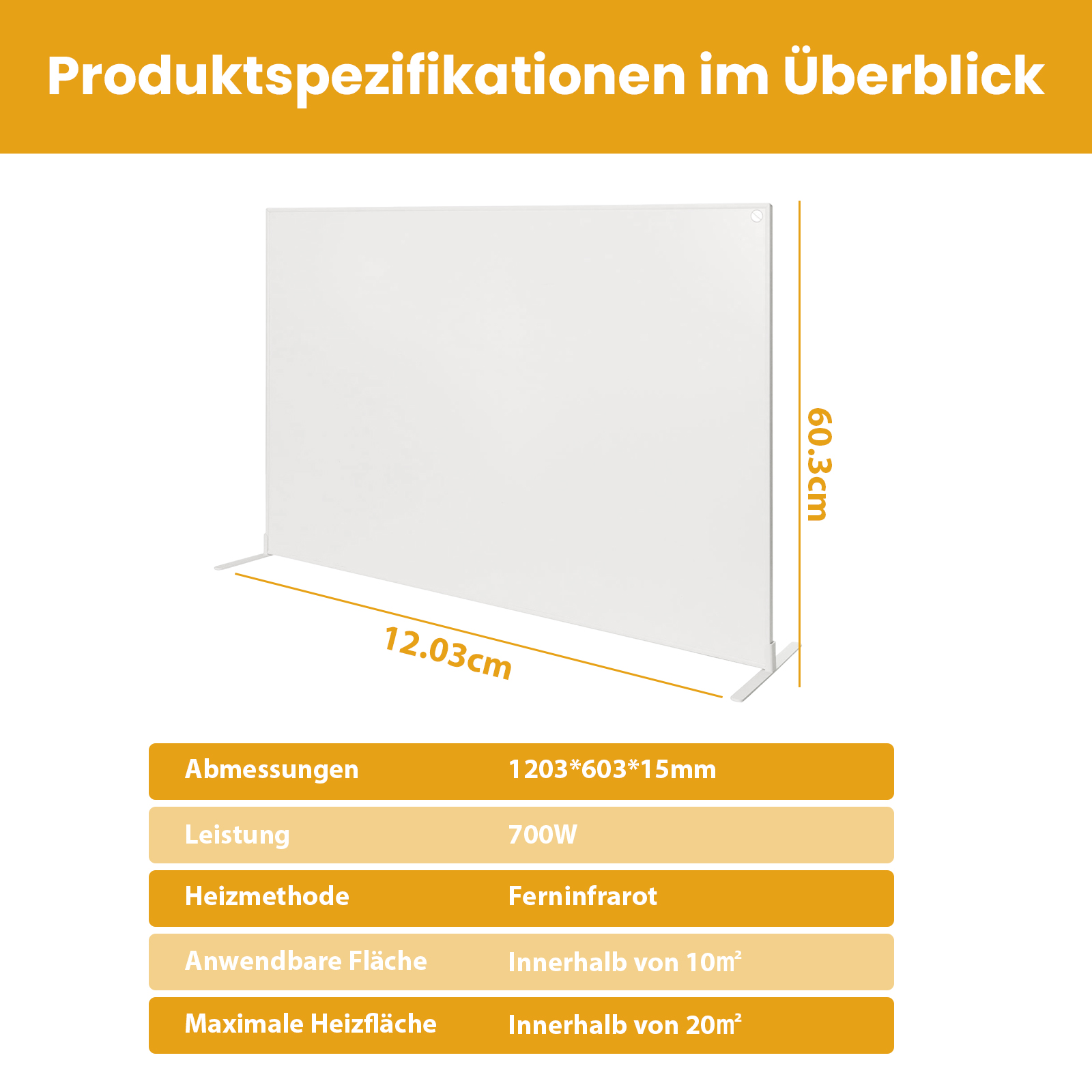 Ein weißes Panel mit Maßangaben, Text auf Deutsch. Zeigt Produktspezifikationen, einschließlich Maße und Heizinformationen.