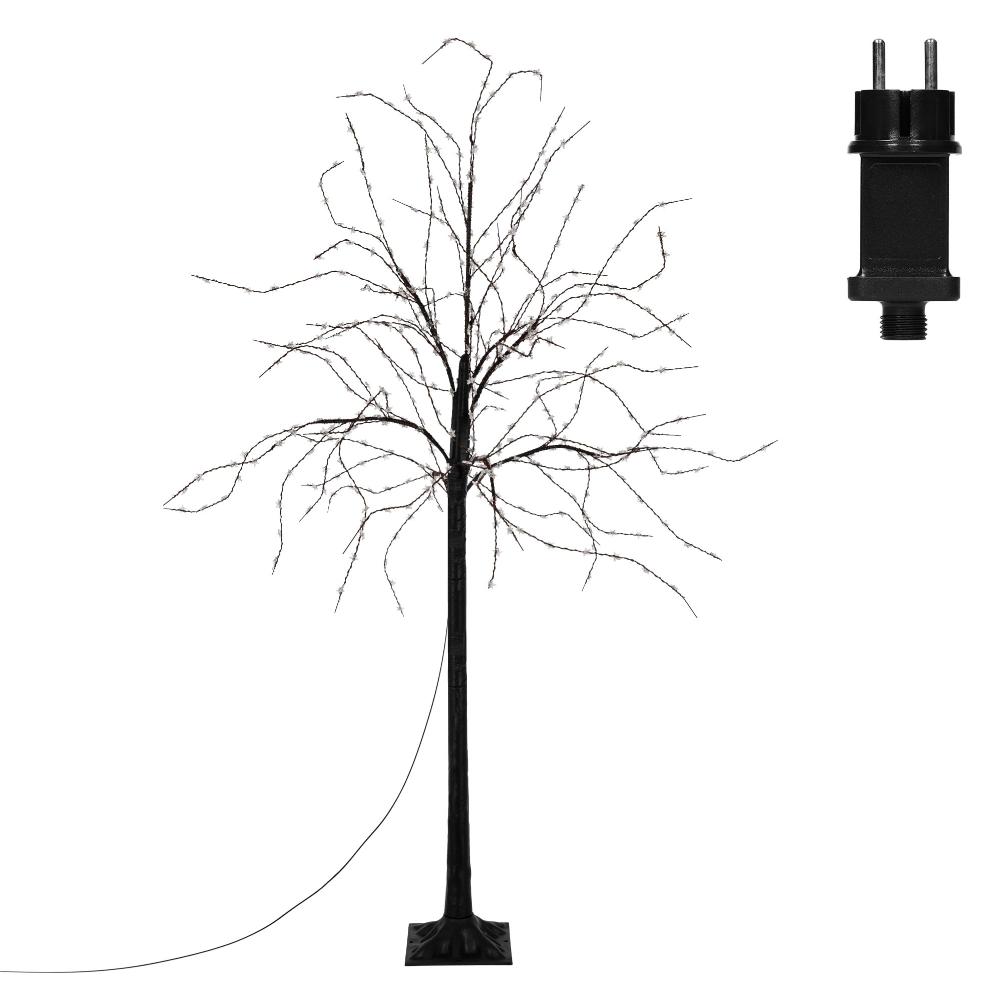 Schwarzer Baum mit weißen Sternlichtern, schwarzem Sockel und Stecker. Weißer Hintergrund.
