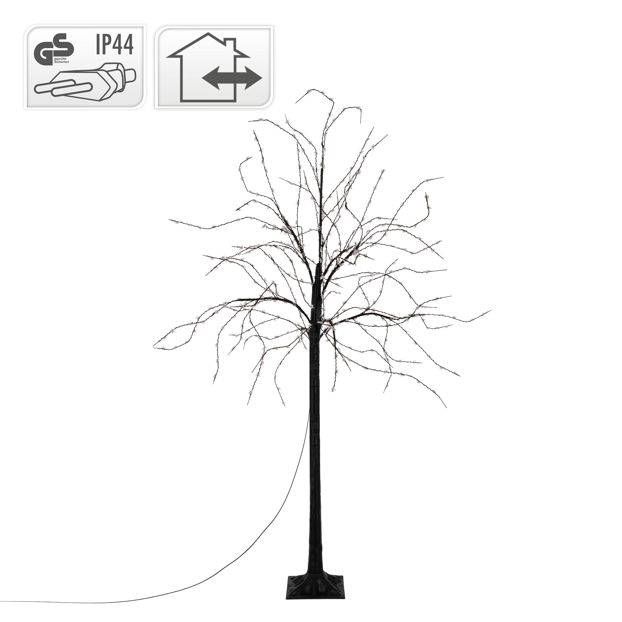 Ein dekorativer schwarzer Baum mit winzigen Lichtern. Er hat einen schwarzen Sockel und Stamm mit vielen dünnen Ästen.