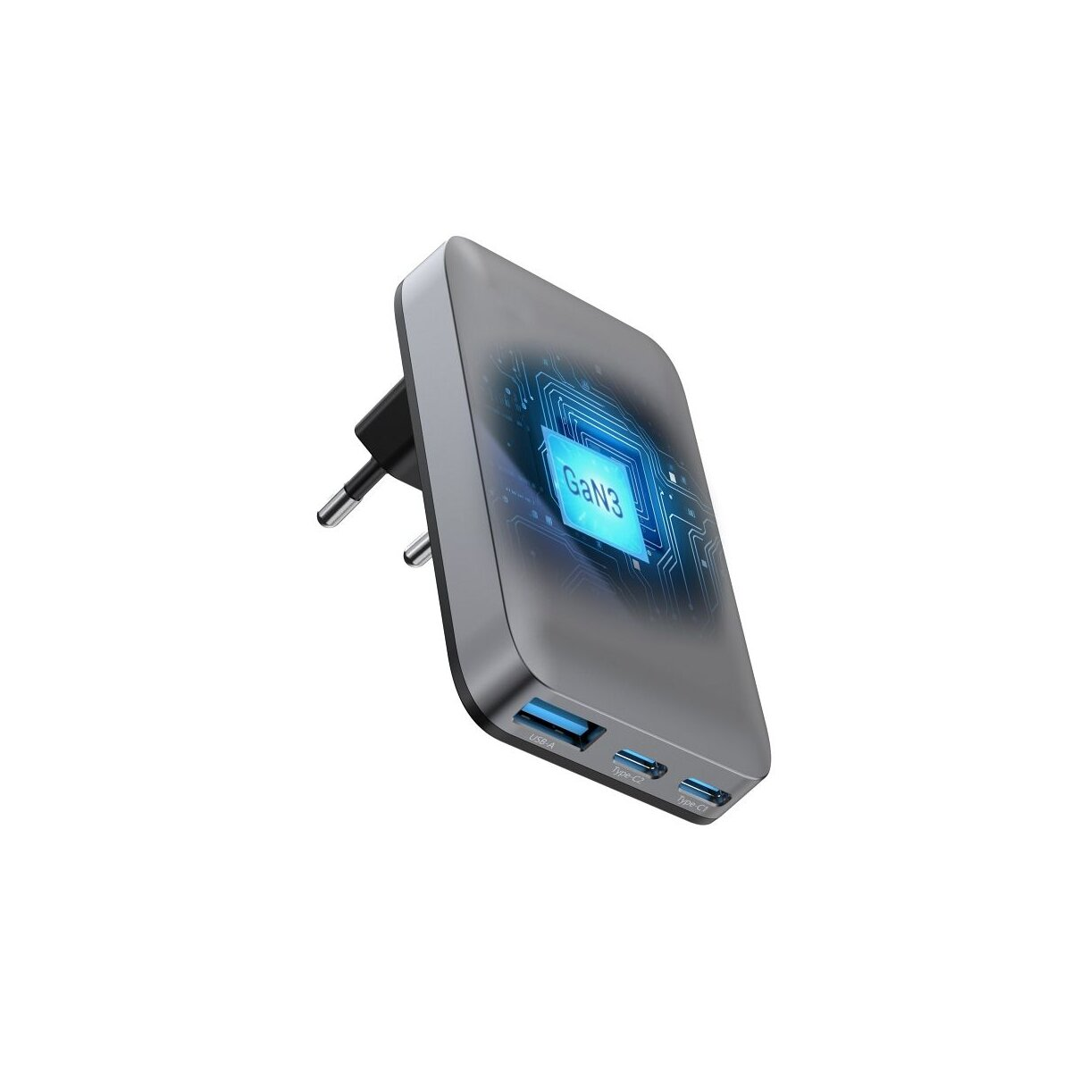Caricabatterie GaN3 argento e nero con porte USB. Ha una spina e un display blu illuminato con scritto GaN3.