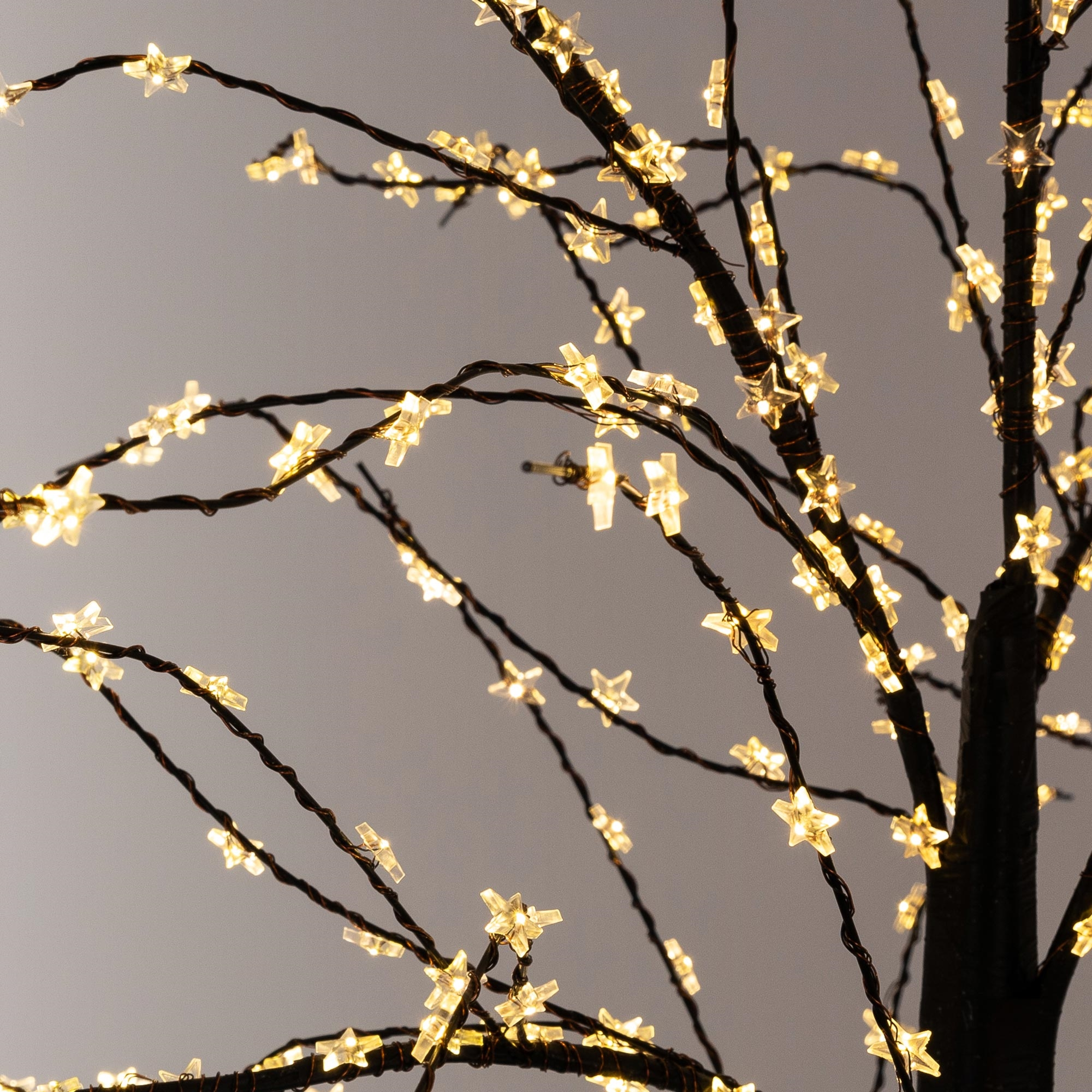 Ein dekorativer Baum mit braunen Ästen und leuchtenden sternförmigen Lichtern auf grauem Hintergrund.