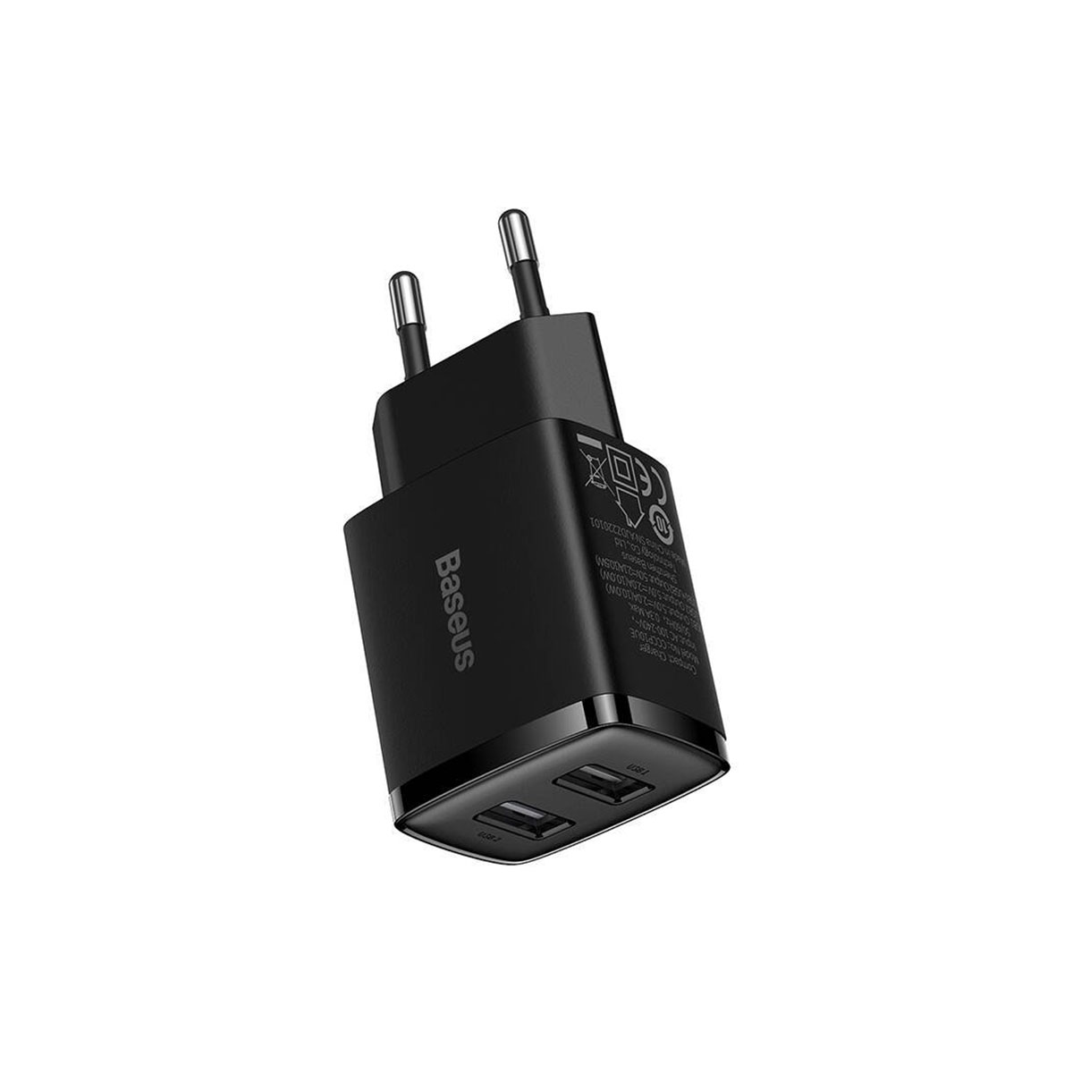 Un caricabatterie USB Baseus nero con due porte. Ha spine per prese europee e uno sfondo bianco.