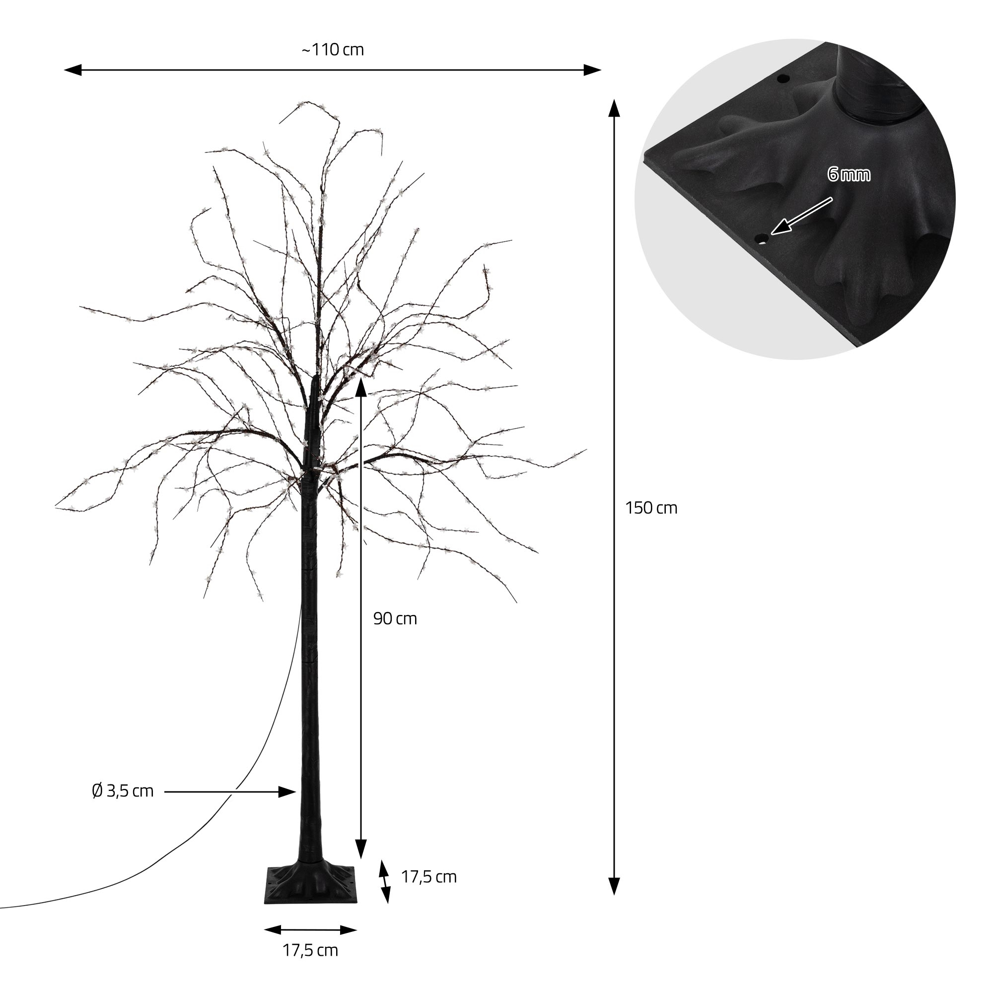 Dekorativer Baum mit Lichtern. Er hat einen schwarzen Sockel und Stamm, mit sich ausbreitenden Ästen. Maße sind enthalten.